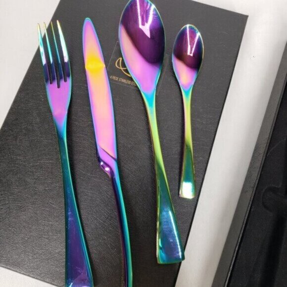 Iridescent Cutlery Four Piece Set in Box New Stainless Steel Rainbow - Picture 8 of 13